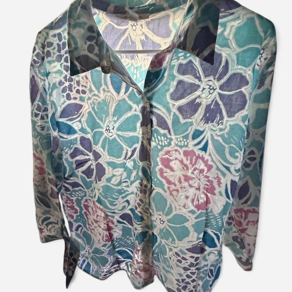JM Collection Pastel Floral Crinkle Boxy Button Down Resort Boho Shirt Womens L